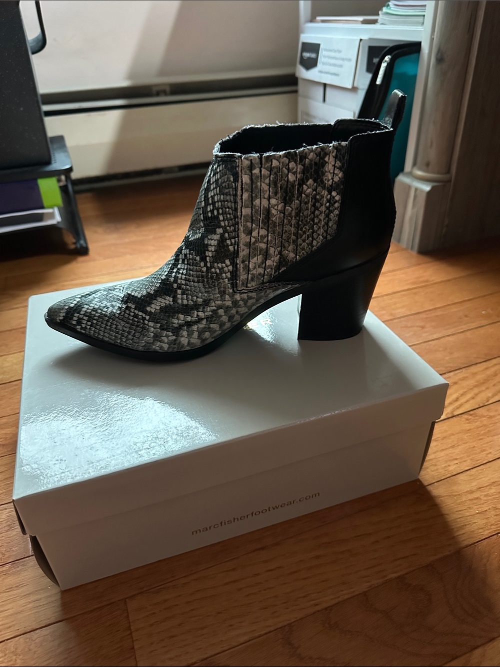 Marc Fisher Black and Gray Snake-Print Ankle Booties
